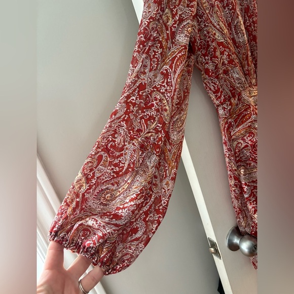 Lulus small rust red paisley mini dress mock neck balloon sleeve wrap skirt - Picture 4 of 14